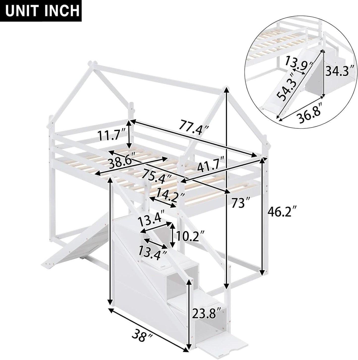 White House Twin Over Twin Bunk Bed With Slide And Stairs