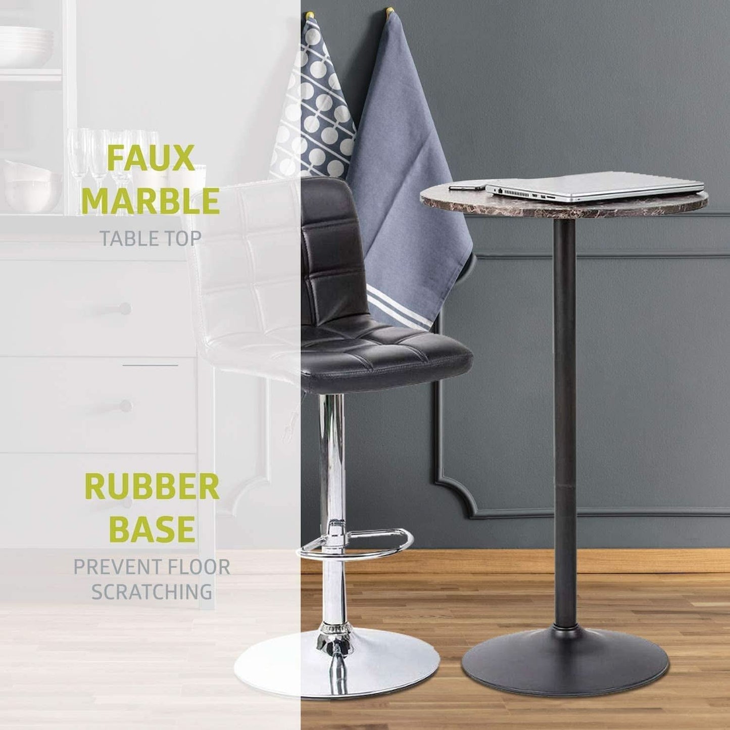 Round Pub Table With Faux Marble Top And Black Metal Base