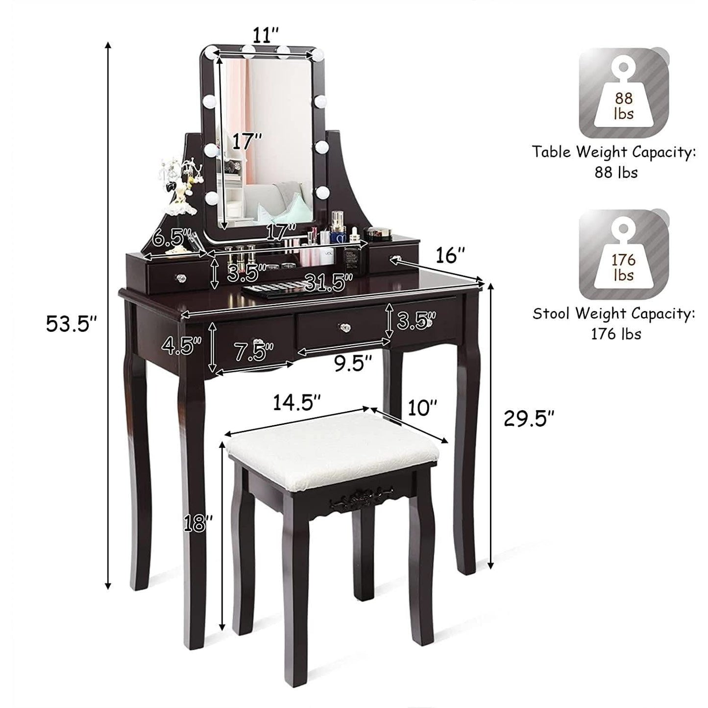 Brown Vanity Table Set With 10 LED Lights For Bedroom