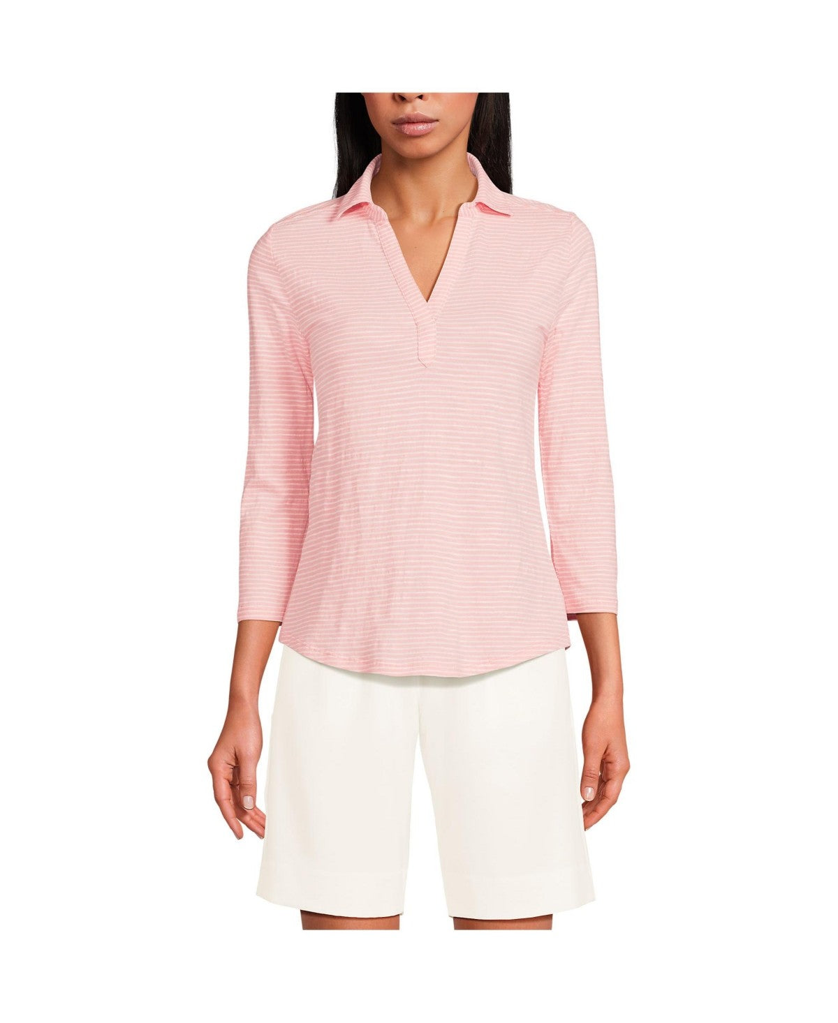 Lands End Womens Slub Polo Top - Sunset Coral/white Stripe, Medium