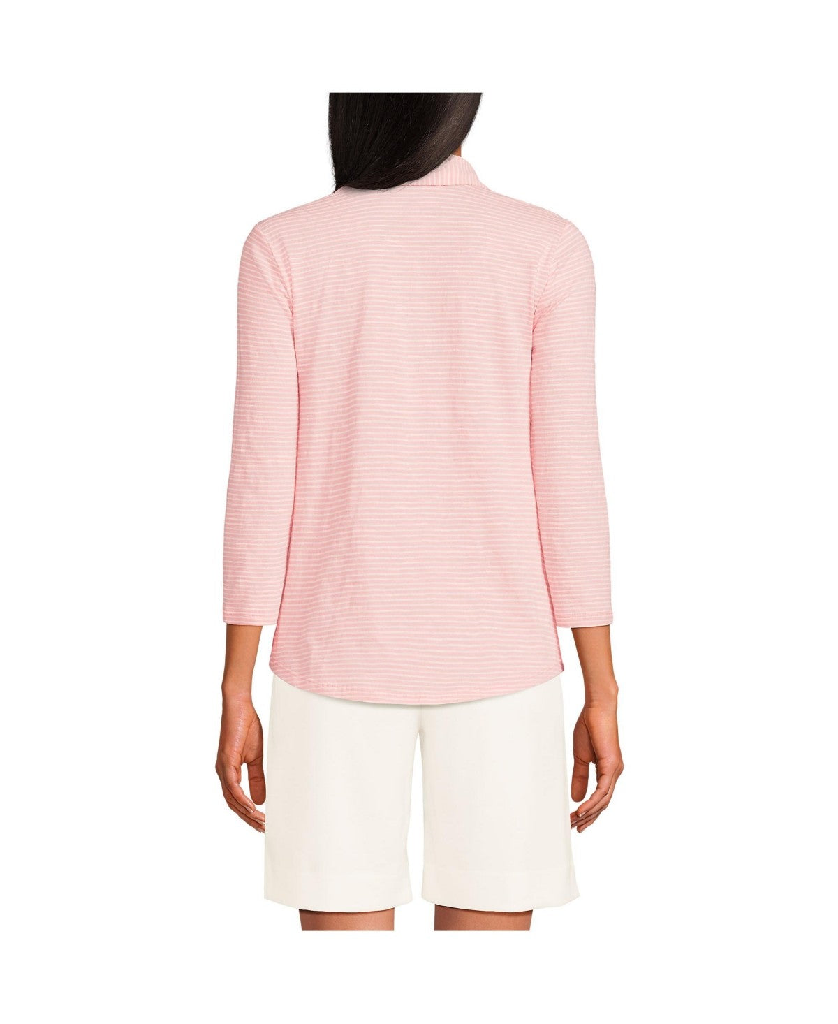 Lands End Womens Slub Polo Top - Sunset Coral/white Stripe, Medium