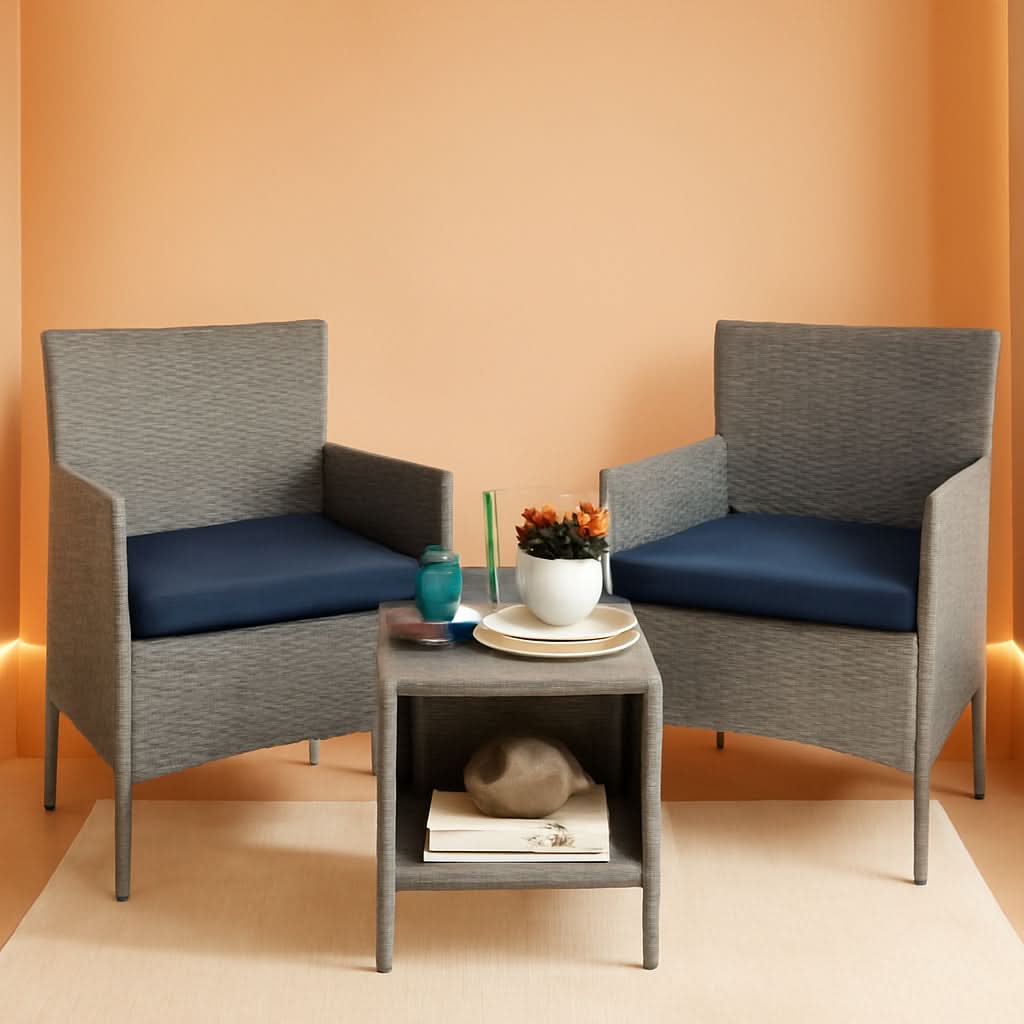 3-Piece Outdoor Wicker Bistro Set Gray and Navy Patio Furniture