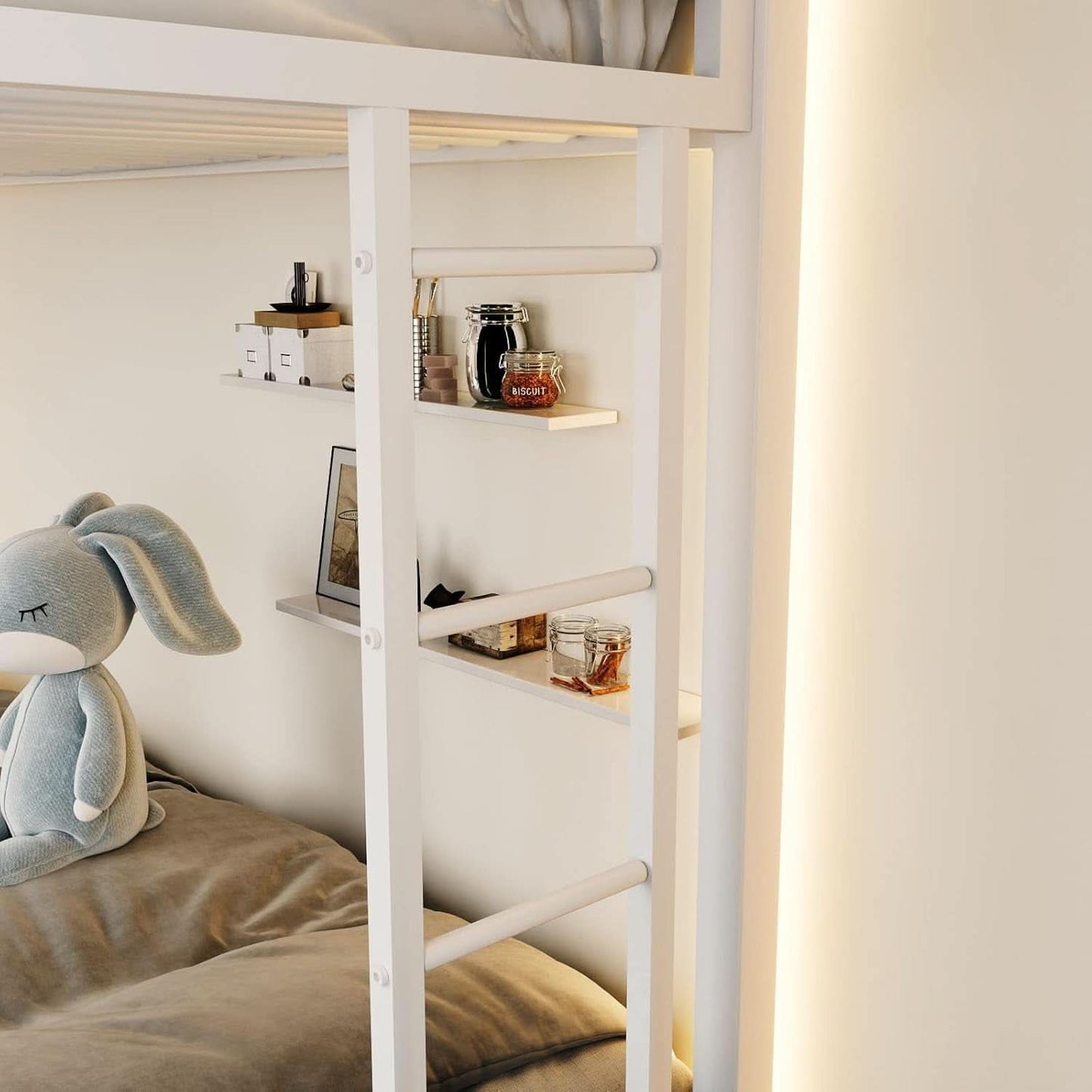 Metal Loft Bunk Bed Twin Over Full Size With Guardrail And Ladder Cream White
