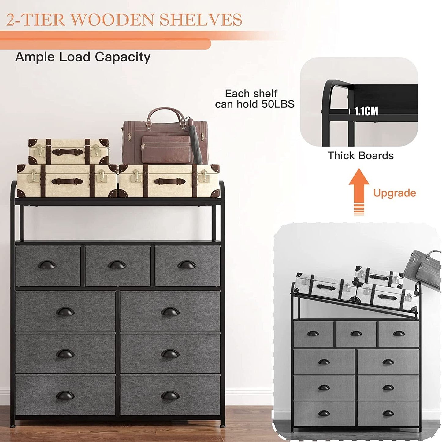 Dark Grey 9 Drawer Tall Fabric Dresser For Bedroom