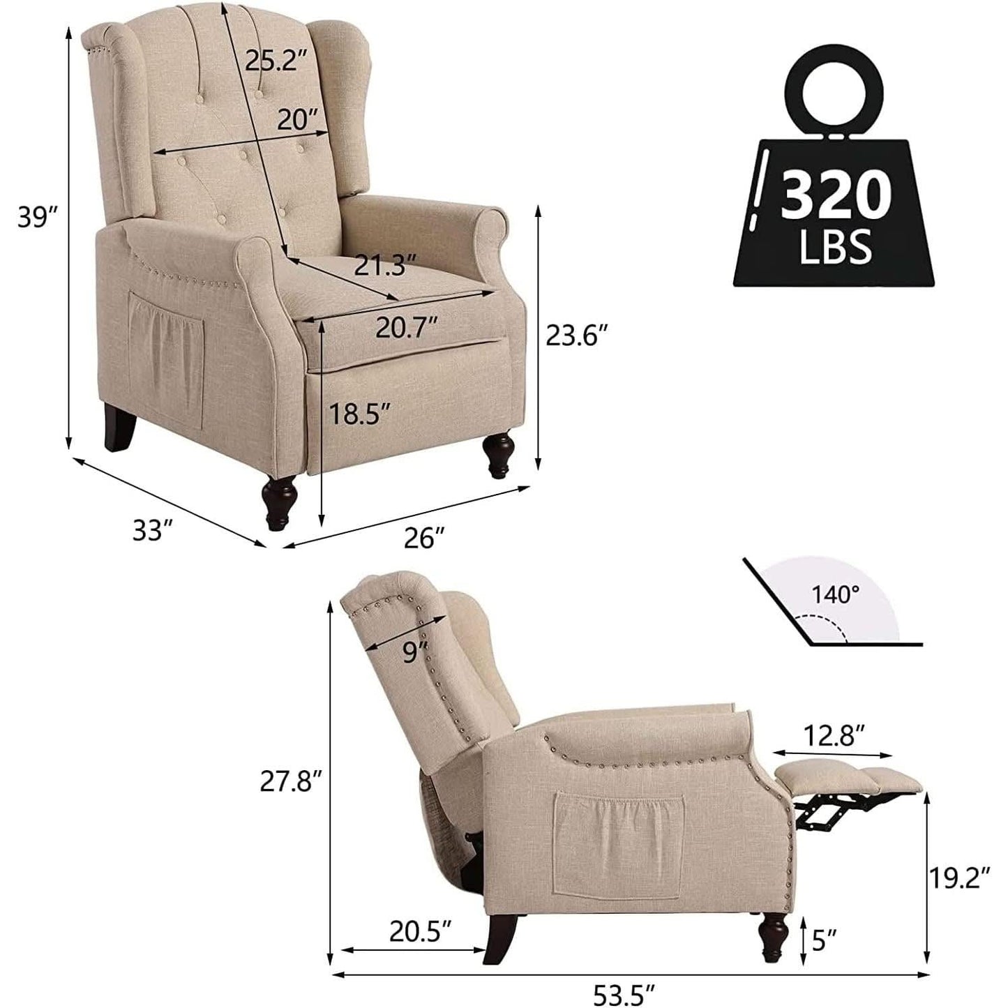 Wingback Recliner Chair With Massage And Heat For Living Room