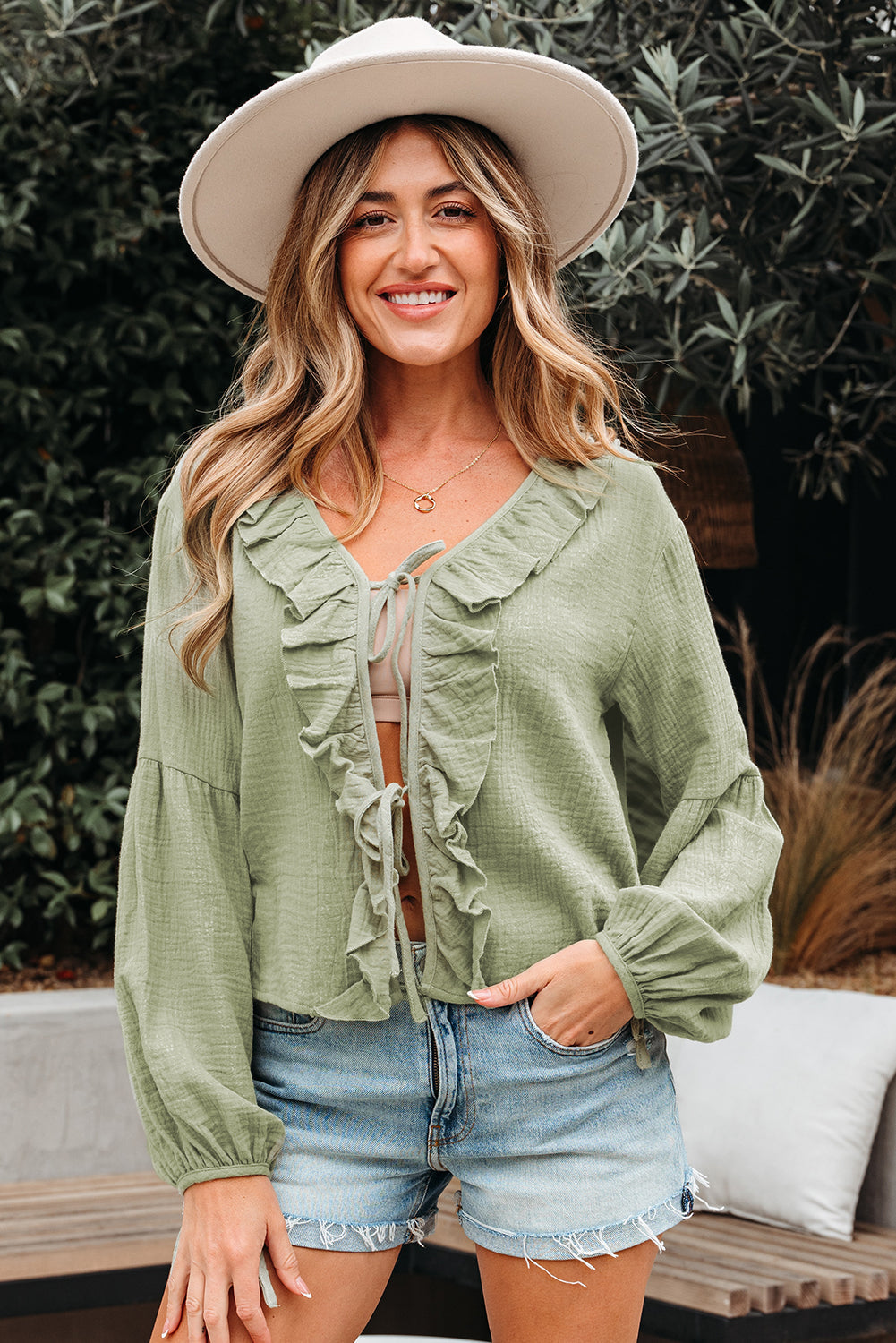 Natalia Bow Tie Front Ruffle Trim Long Sleeve Gauze Blouse