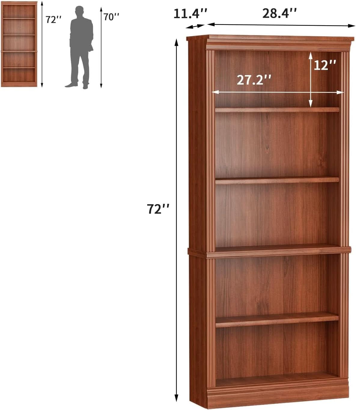 Five Shelf Tall Bookcase 72 Inch Cherry Wood Open Display