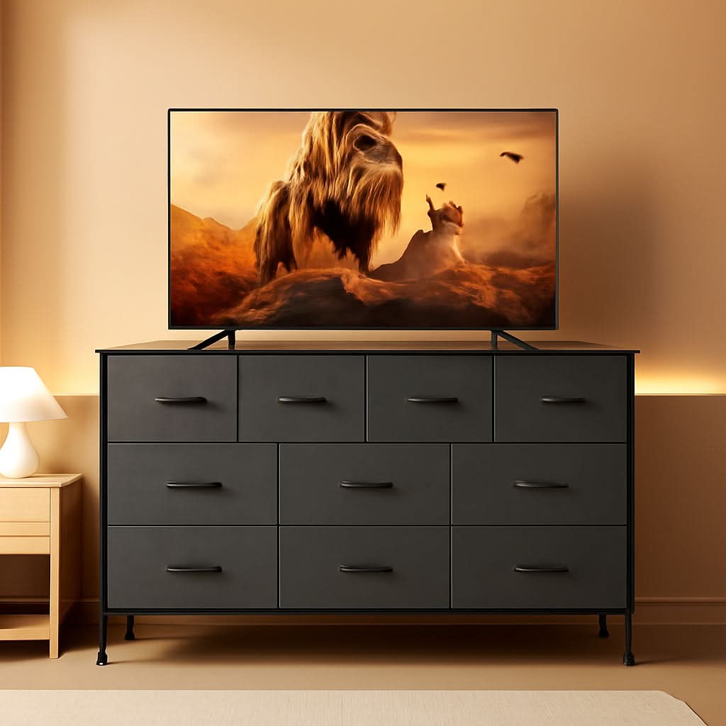 Grey 10 Drawer Dresser TV Stand With Power Outlets