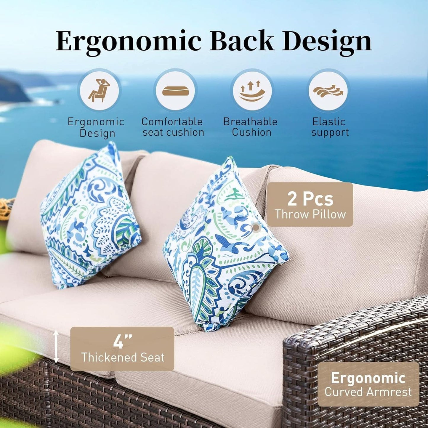 Brown Wicker Patio Furniture Set With Firepit Table 7 Seats