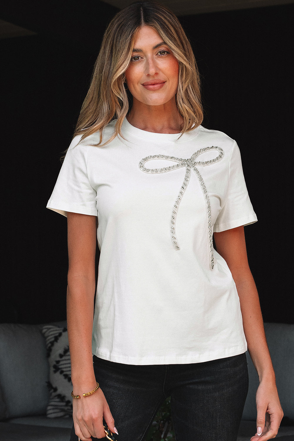 Nora Bow Embellished Round Neck Top