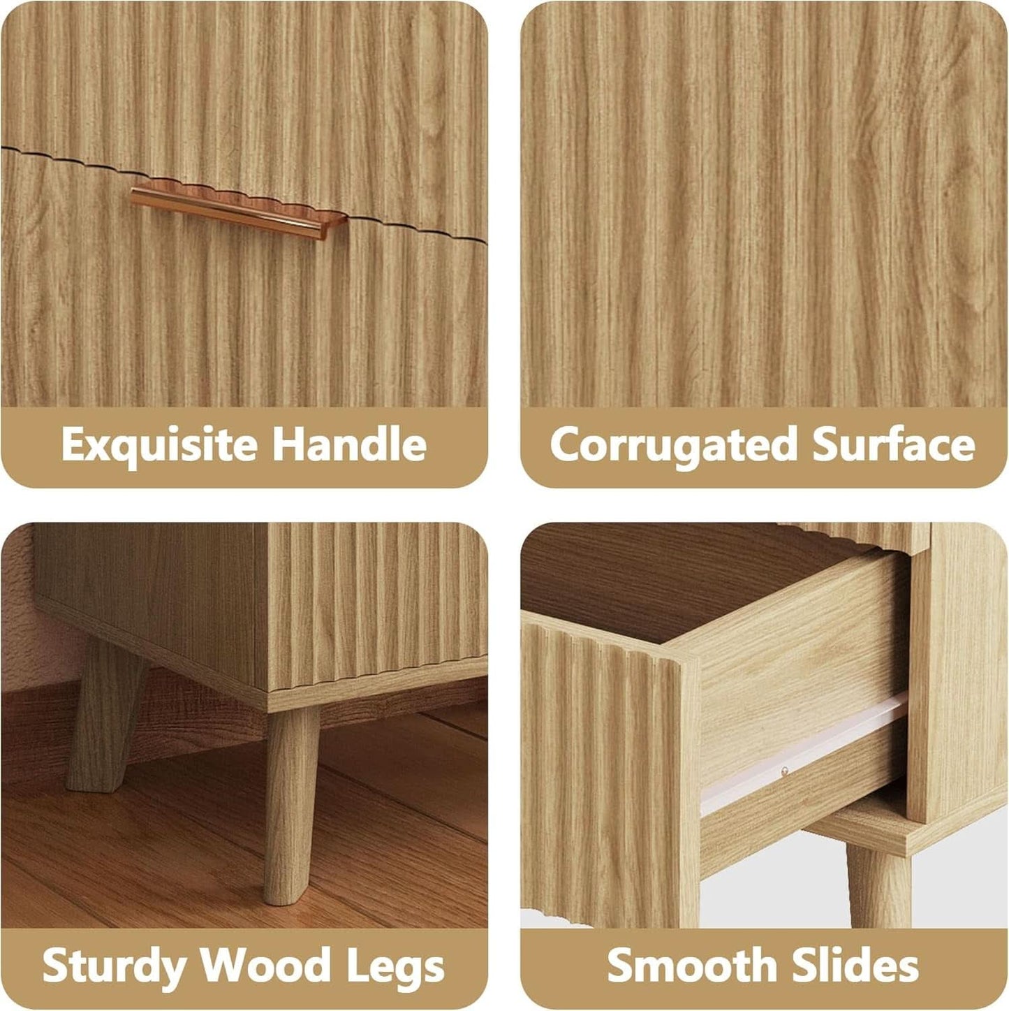 Fluted 3 Drawer Dresser Natural Wood Storage For Bedroom
