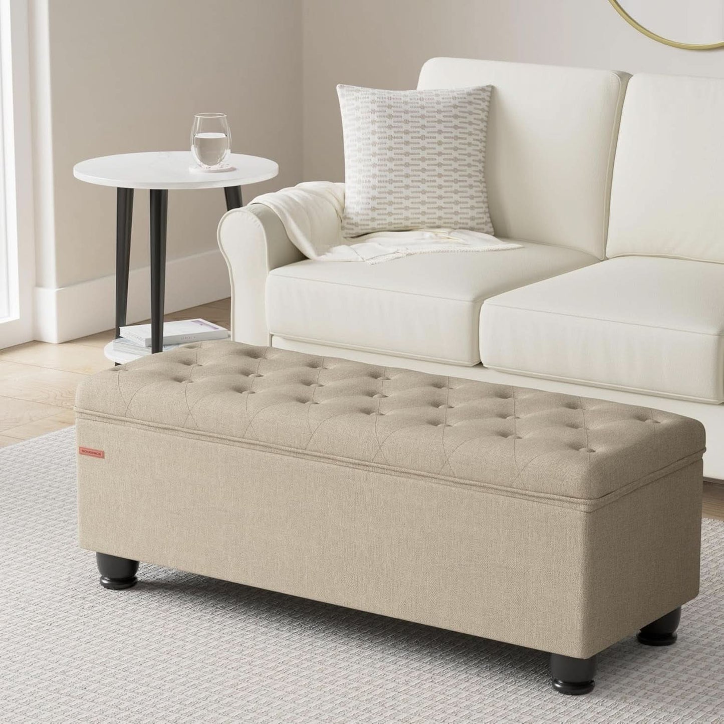 Camel Brown Linen Storage Ottoman Bench Reinforced