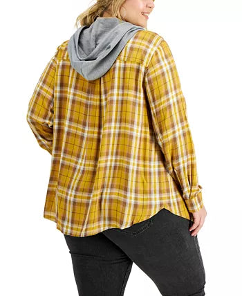 Love, Fire Trendy Plus Size Hooded Plaid Button-Front Shirt, Size 1X