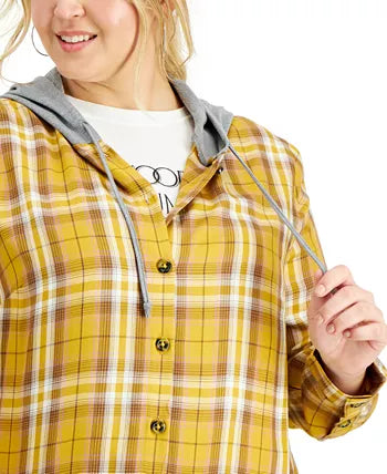 Love, Fire Trendy Plus Size Hooded Plaid Button-Front Shirt, Size 1X