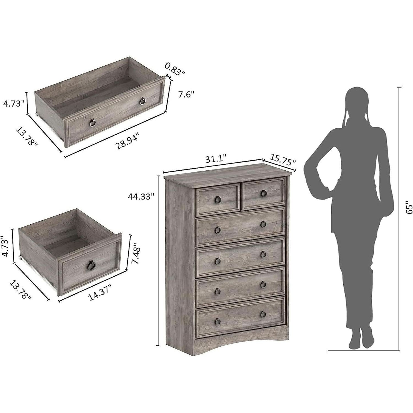 Gray Wash Tall Dresser 6 Drawer Bedroom Storage Cabinet