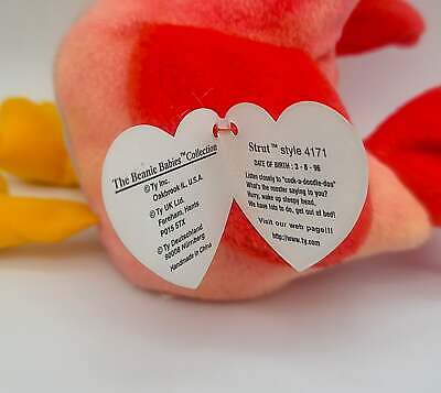 Rare Ty Beanie Baby Strut the Rooster 1996 – P.V.C. Pellets With Tag 14 Errors