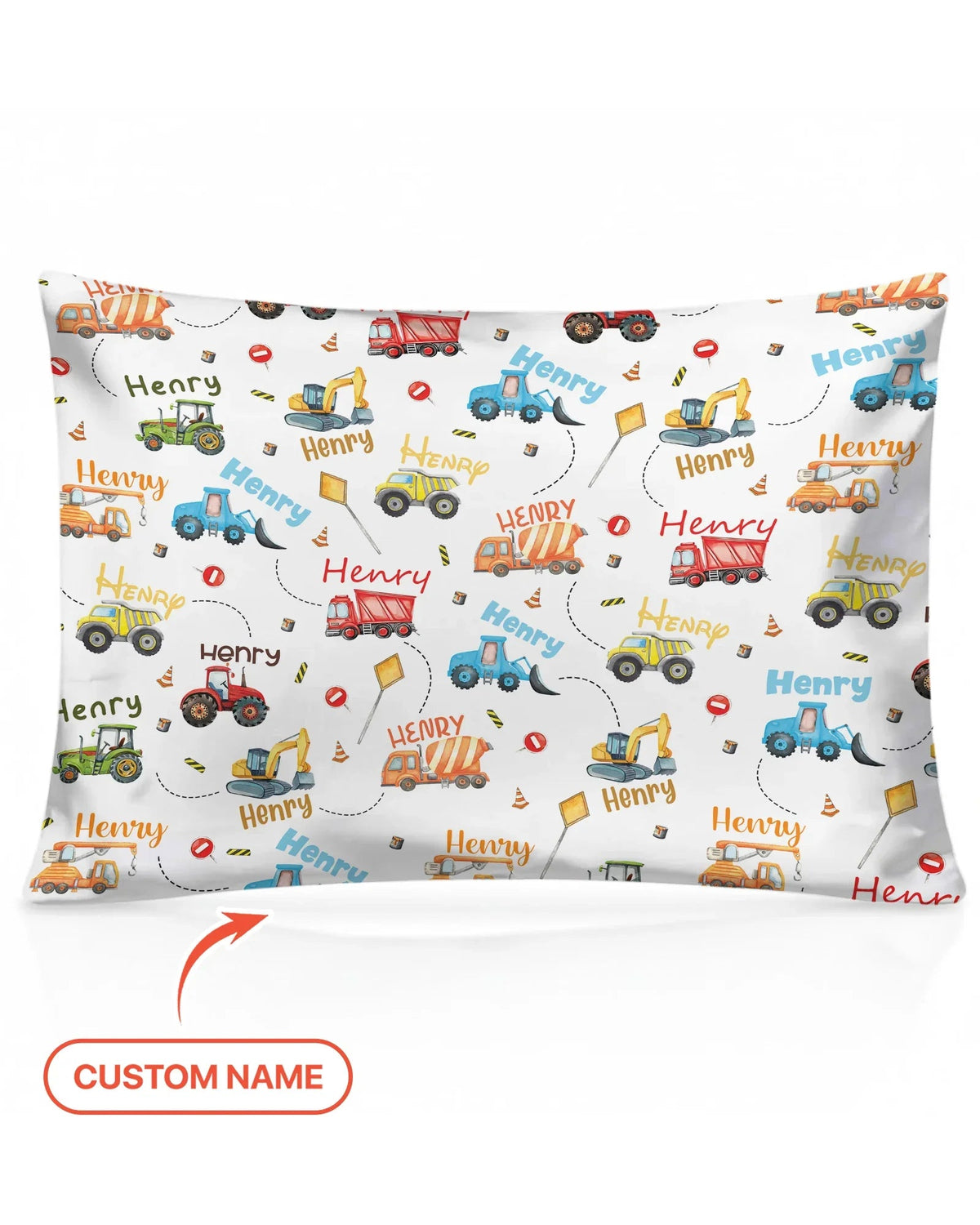 Construction Vehicles Custom Name Pillow Case