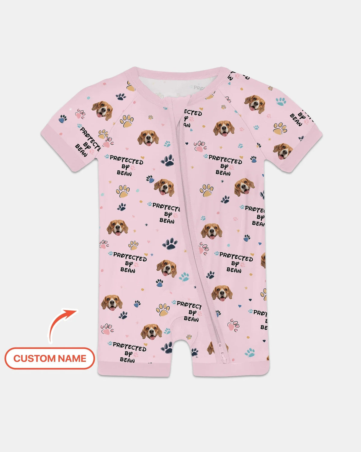 Custom Dog Photo Pattern "Protected By" Shorty Zippered Romper