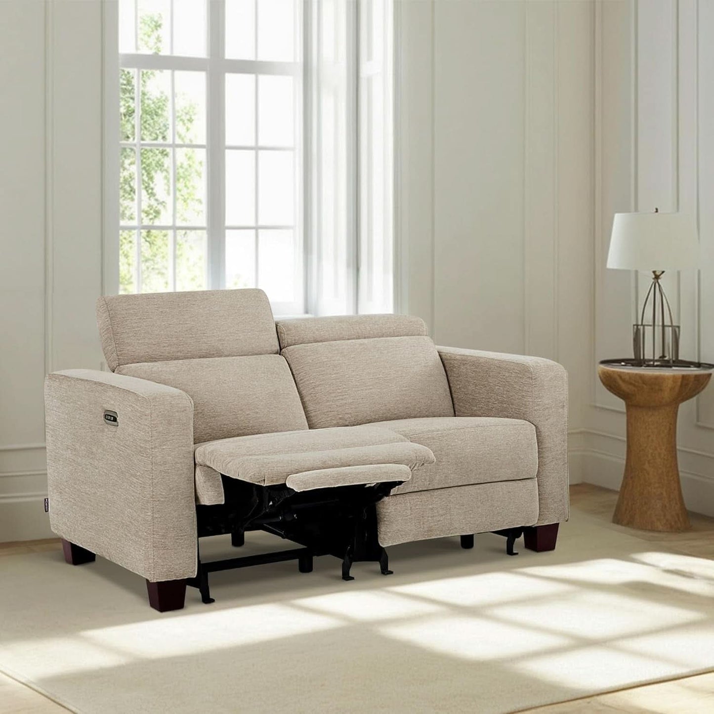 Beige Fabric Wall Hugger Power Loveseat Recliner USB