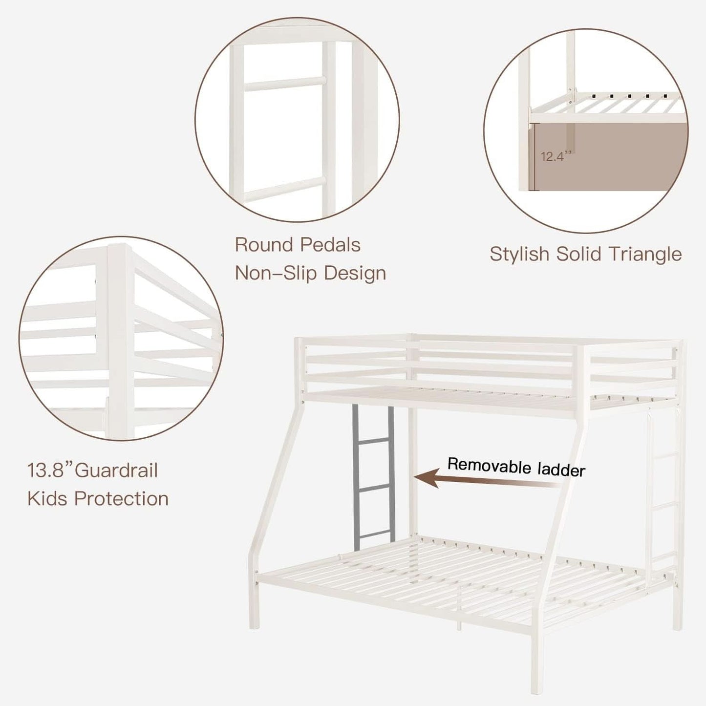 Metal Loft Bunk Bed Twin Over Full Size With Guardrail And Ladder Cream White