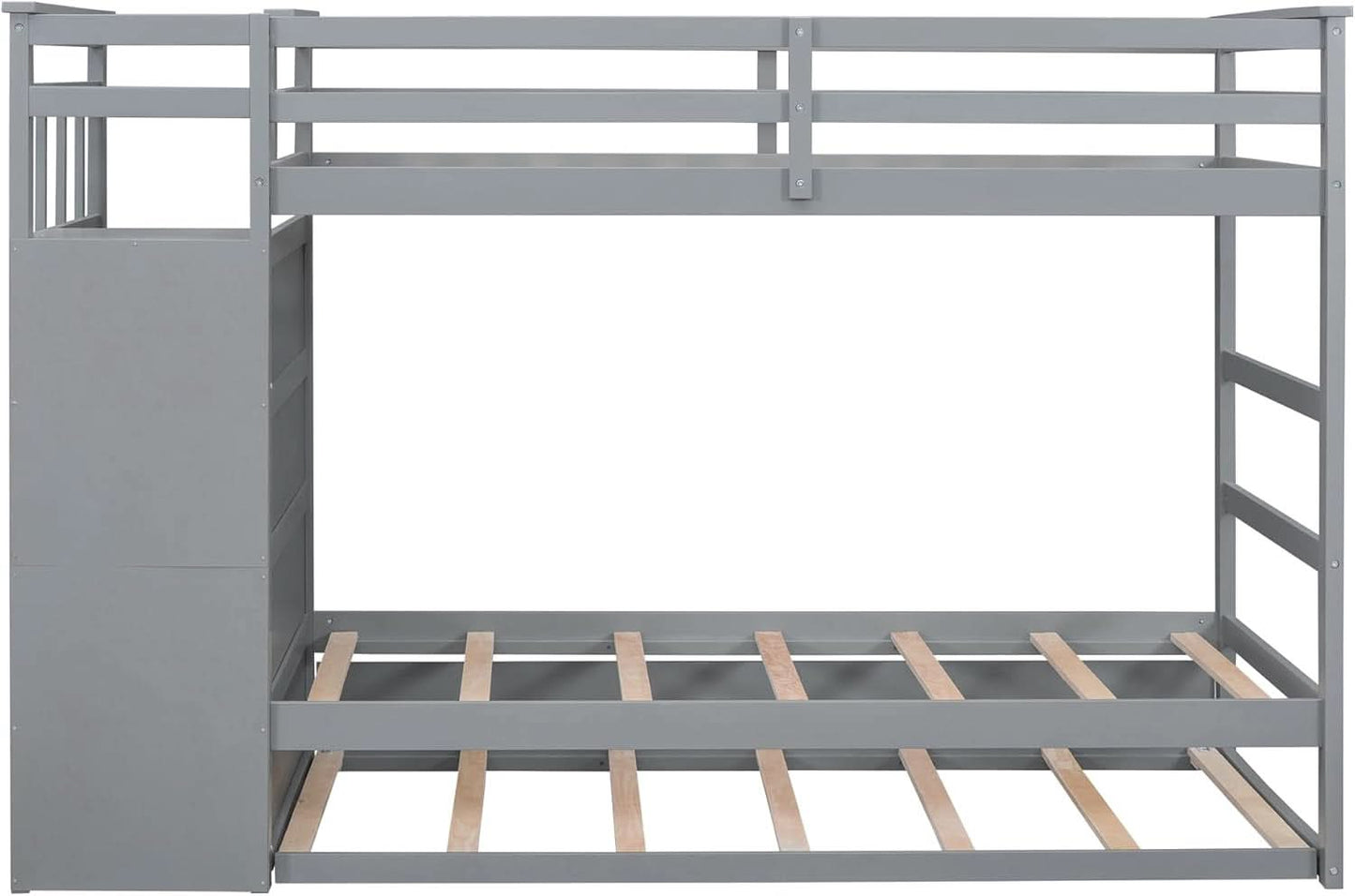 Natural Gray Twin Bunk Bed With Trundle And Stairs