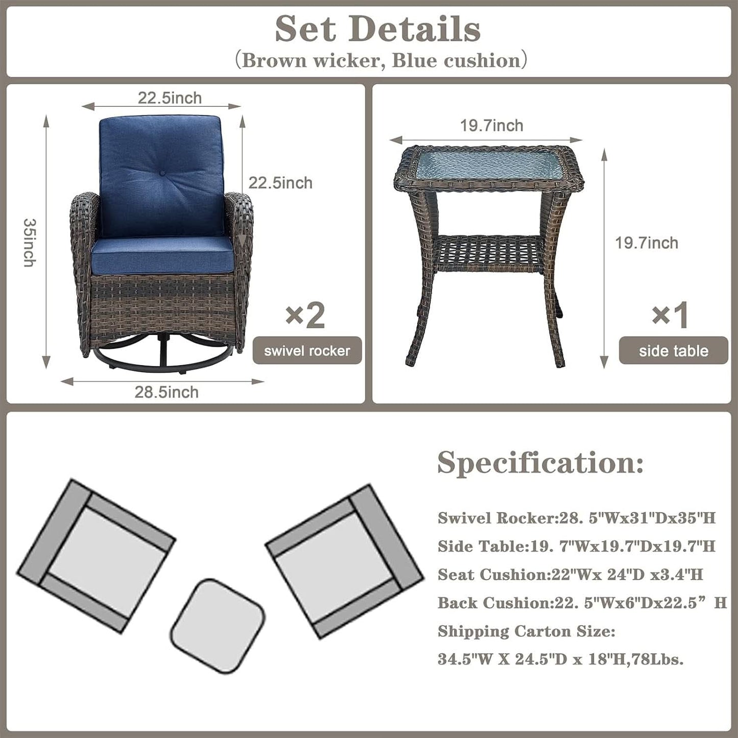 Patio Wicker Swivel Rocker Chairs Set Of 2 With Glass Top Side Table Brown Blue
