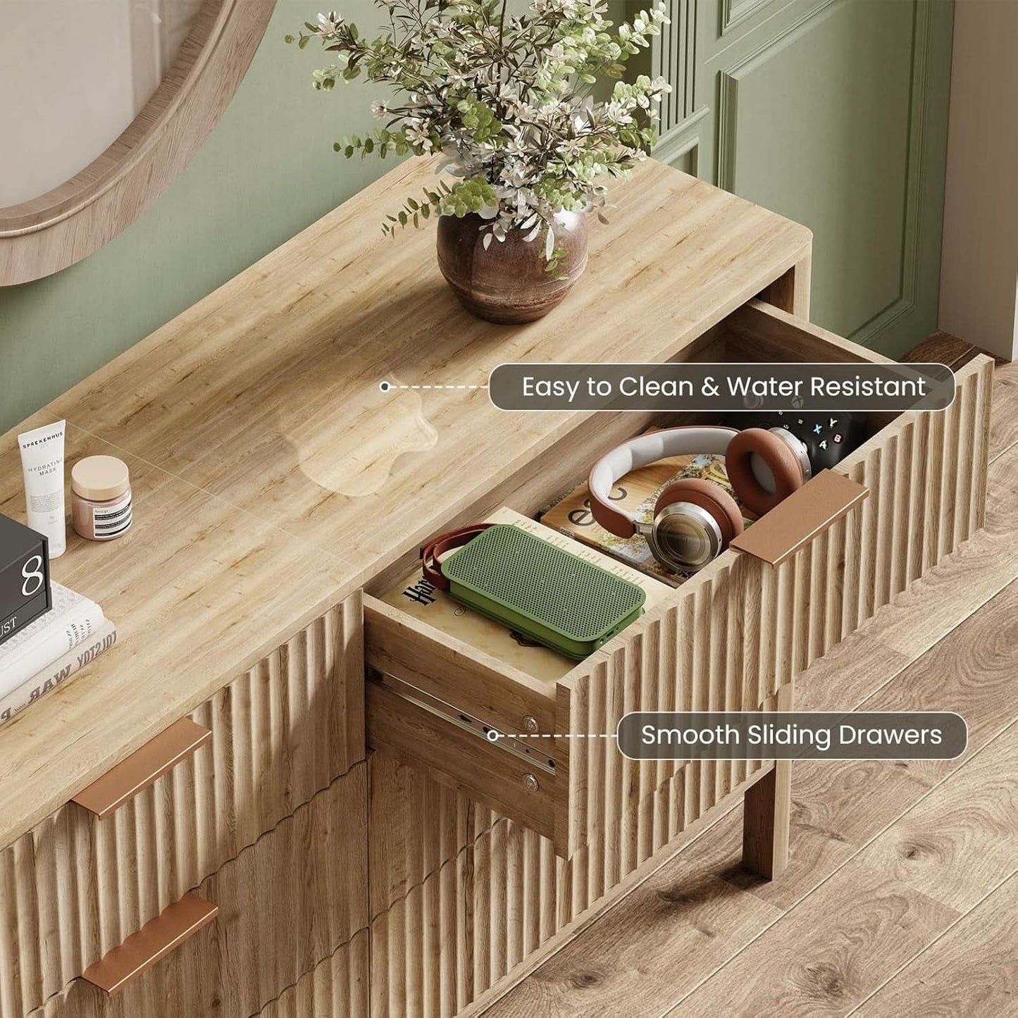 Solid Oak 55 Inch Wide Dresser With Six Drawers For Bedroom