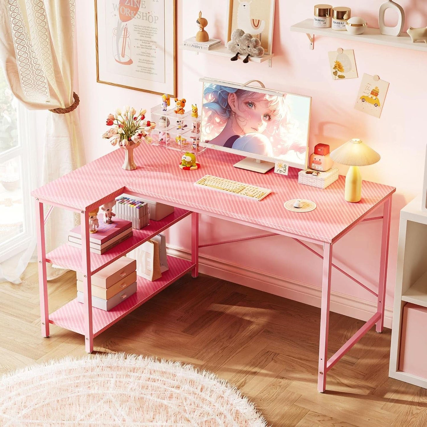 Pink L Shaped Desk 47 Inch Corner Desk For Home Office