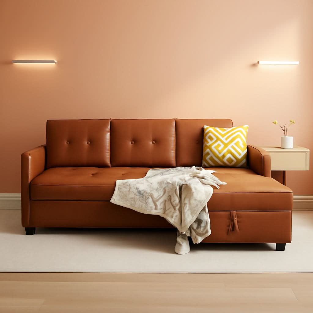 Caramel Sleeper Sofa With Storage Chaise Modern Comfort
