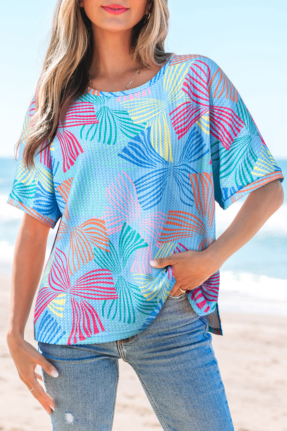 Lilyana Bowknot Waffle Crewneck Loose Short Sleeve Top