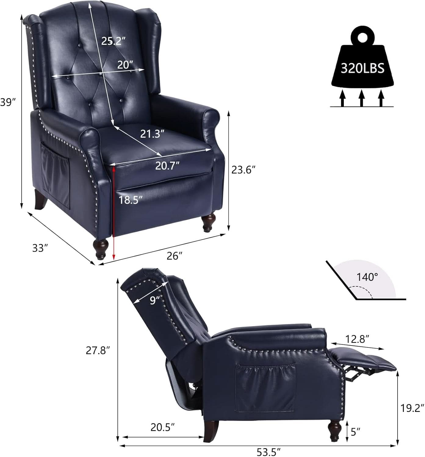 Wingback Recliner Chair With Massage And Heat PU Leather