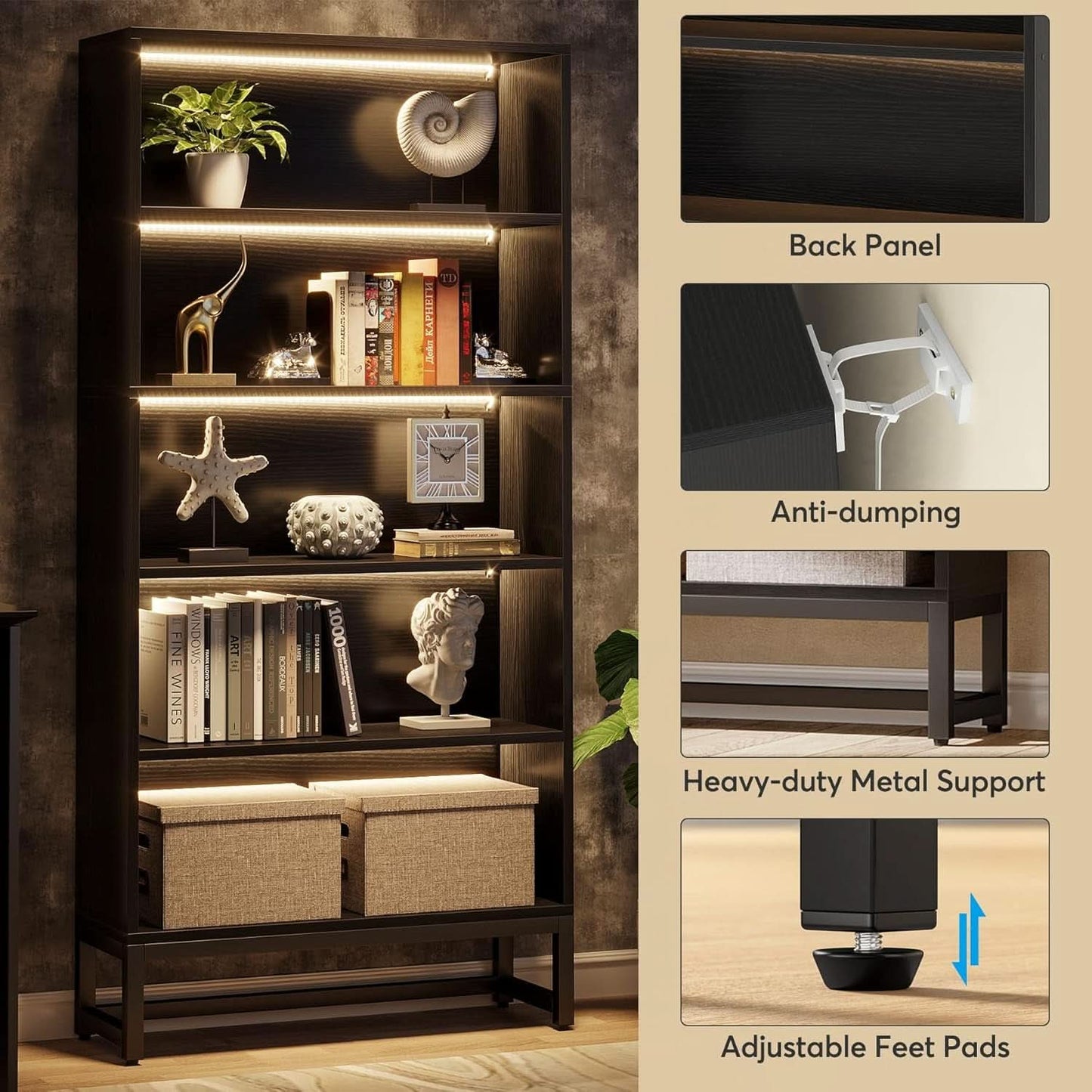 Tall Bookcase 70.8 Inch Led Lights For Living Room