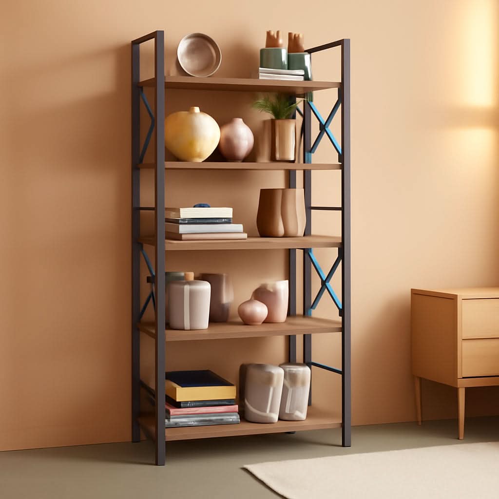 5 Tier Folding Bookshelf No Assembly Rustic Brown Storage