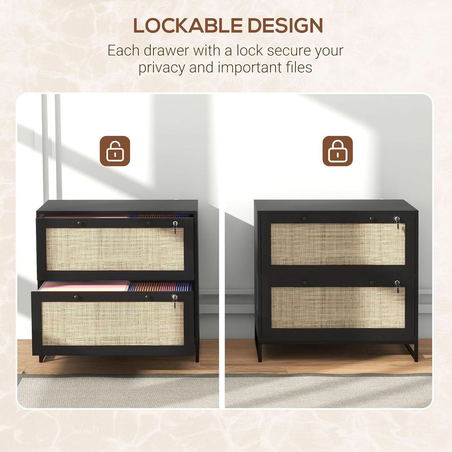 Rattan Drawer File Cabinet With Lock For Letter A4 Legal Files Printer Stand Black