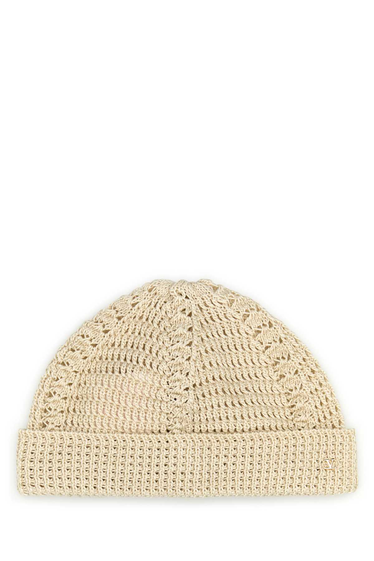 Valentino Garavani Men Sand Cotton Knitted Vlogo Signature Beanie Hat