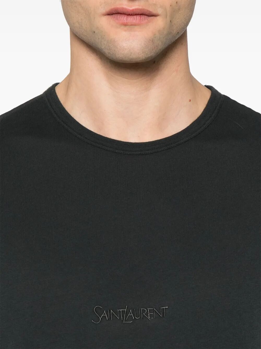 Saint Laurent Men Tonal Logo Embroidery Cotton T-Shirt