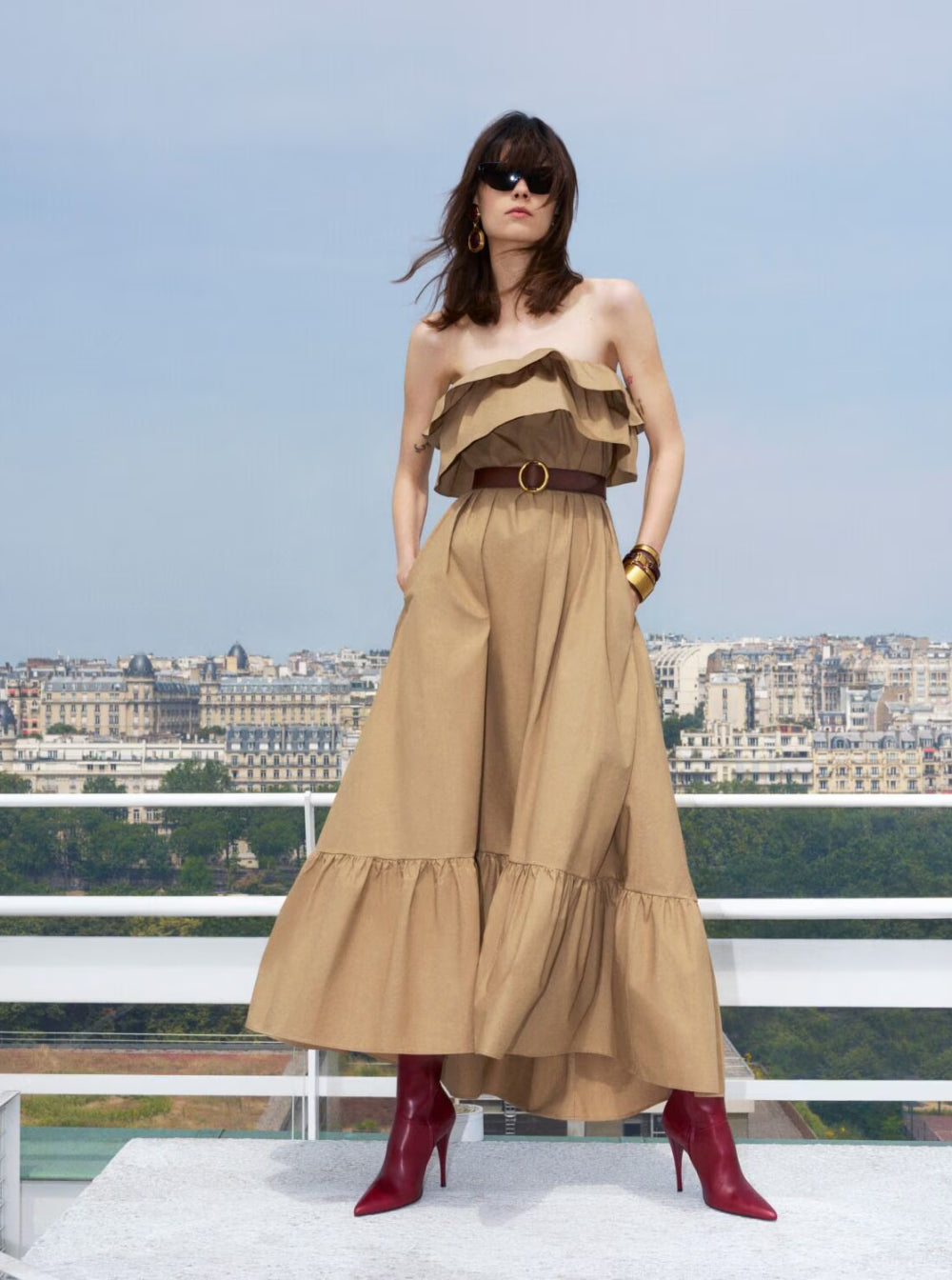 Saint Laurent Women Beige Long Dress With Bustier Neckline And Ruffled Skirt In Cotton Woman