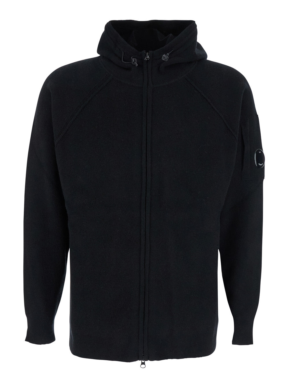 C.P. Company Men Black Cardigan With Drawstring Hood And Logo Plaque On The Sleeve In Wool Blend Man