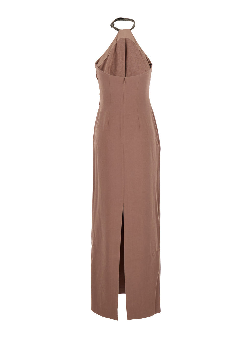 Solace London Women 'Riva' Brown Long Dress With Rhinestone-Embellished Neckline And Drape Details In Twill Woman