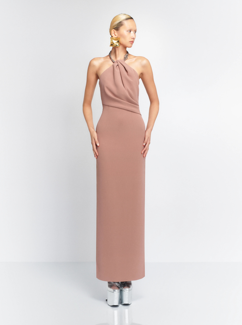 Solace London Women 'Riva' Brown Long Dress With Rhinestone-Embellished Neckline And Drape Details In Twill Woman