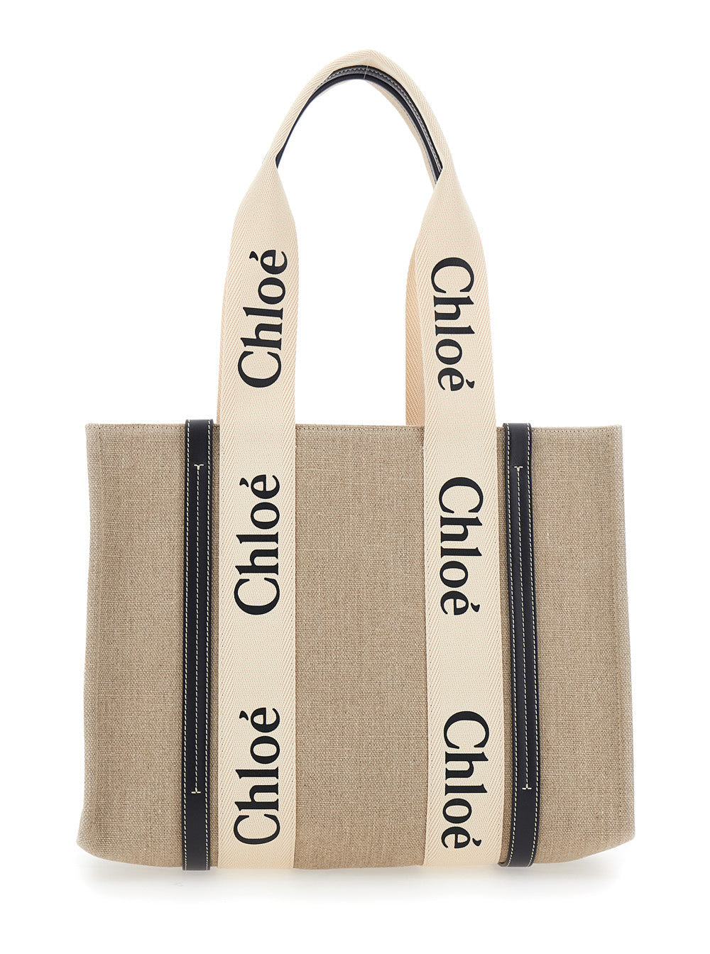 Chloé Women Beige Handbag 'Medium Woody' With Logo Lettering On The Front In Linen For Women