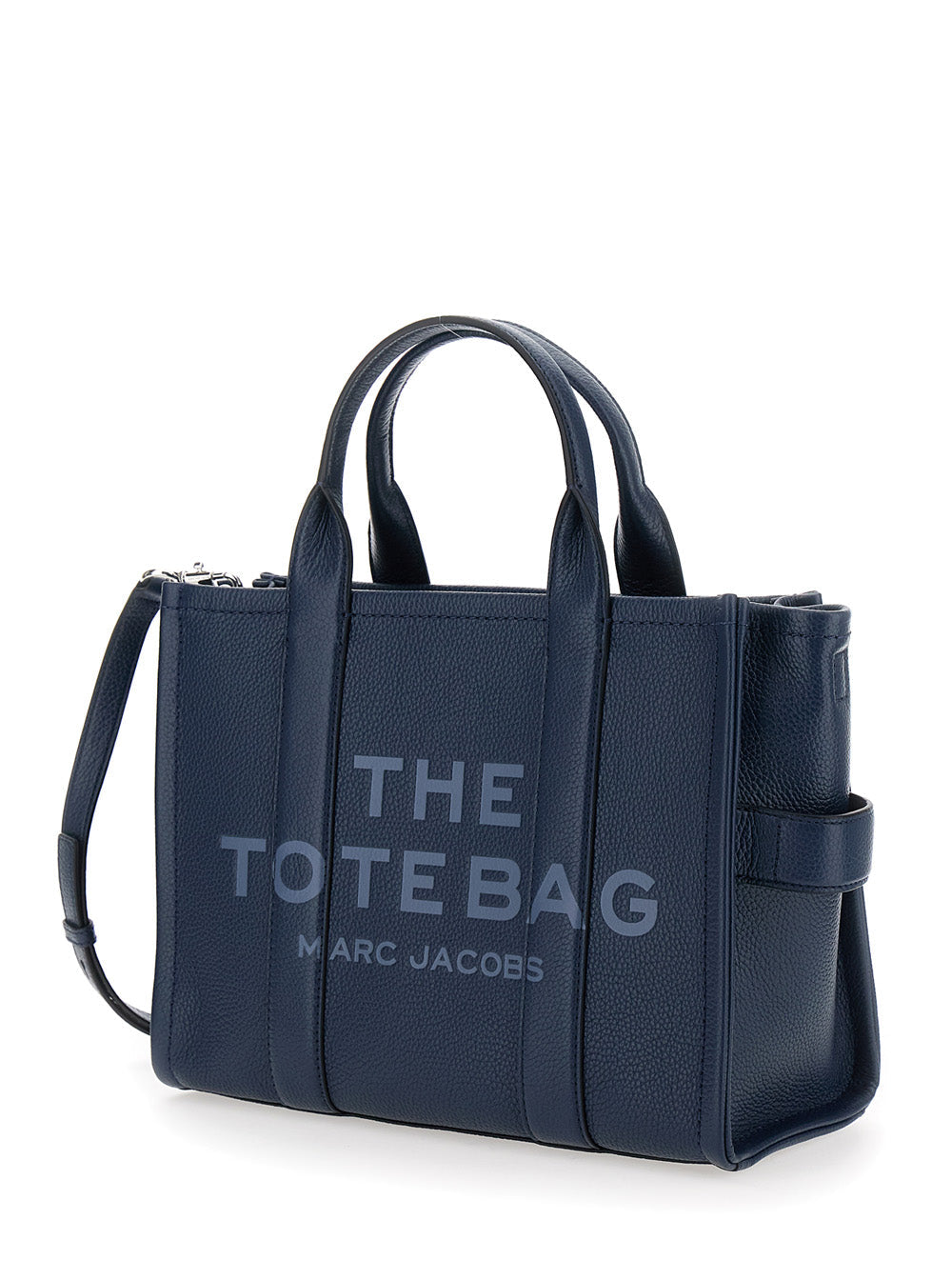 Marc Jacobs Women The Tote Bag Media Bag With Printed Logo On Hammered Blue Leather For Women