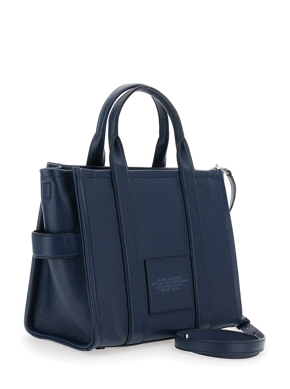 Marc Jacobs Women The Tote Bag Media Bag With Printed Logo On Hammered Blue Leather For Women
