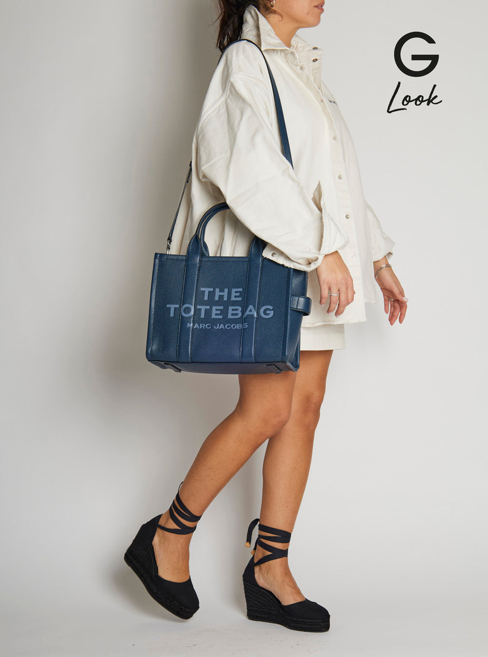Marc Jacobs Women The Tote Bag Media Bag With Printed Logo On Hammered Blue Leather For Women