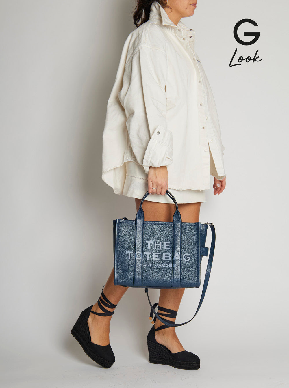 Marc Jacobs Women The Tote Bag Media Bag With Printed Logo On Hammered Blue Leather For Women