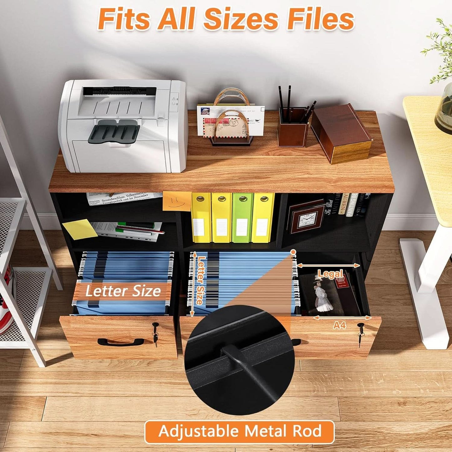 Wooden 2 Drawer File Cabinet Lockable Rolling with Adjustable Shelves Rustic Brown and Black