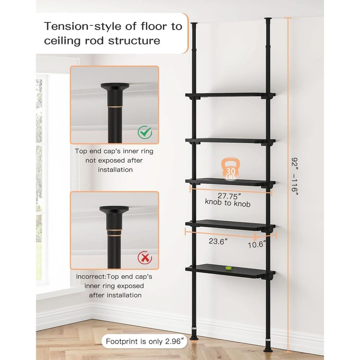 5 Tier Narrow Ladder Bookshelf With Floor To Ceiling Mount