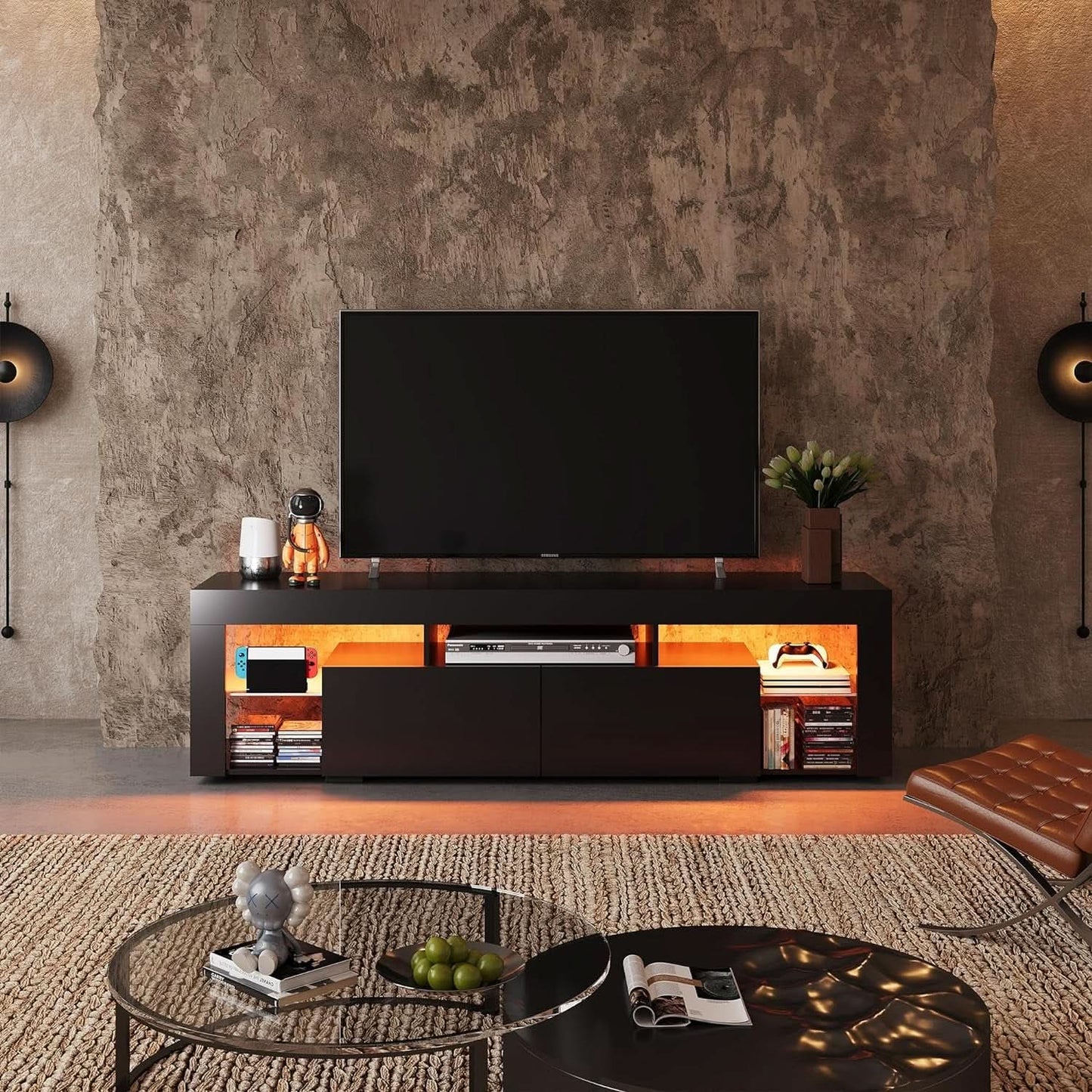 63 Inch Black LED TV Stand With 2 Drawers For Living Room
