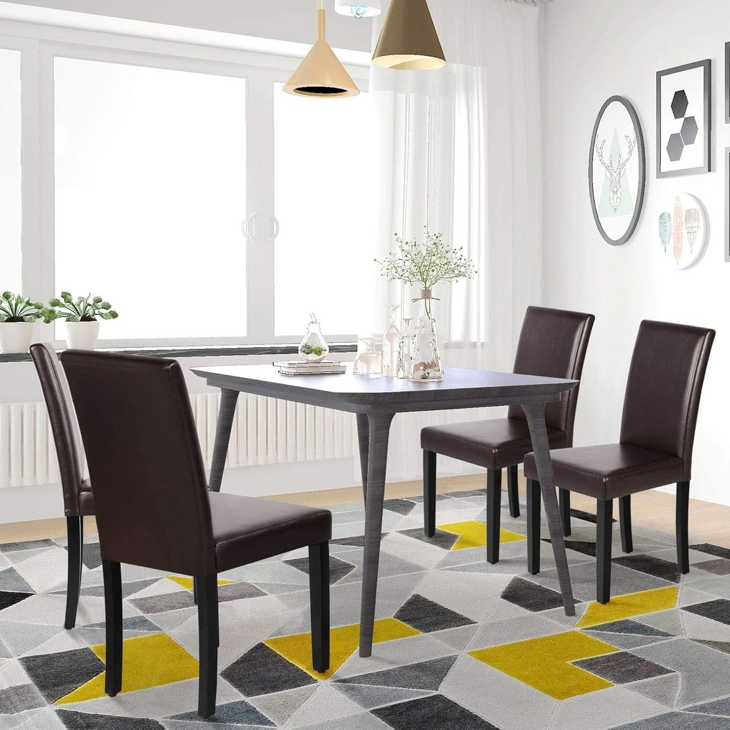 Set Of 4 Dark Brown PU Leather Dining Chairs With Wood Legs