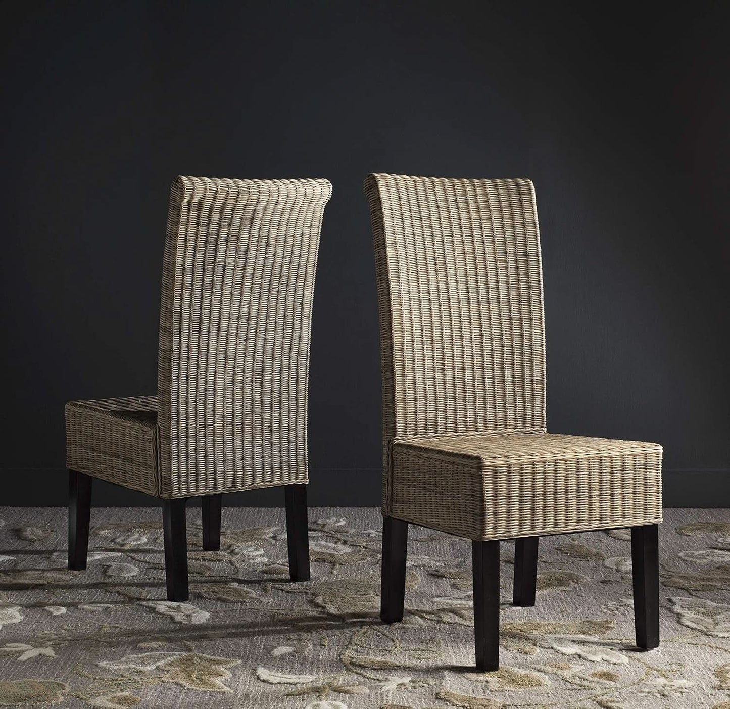 Grey Wicker Dining Chair 18 Inch Rattan Cotton Upholstery
